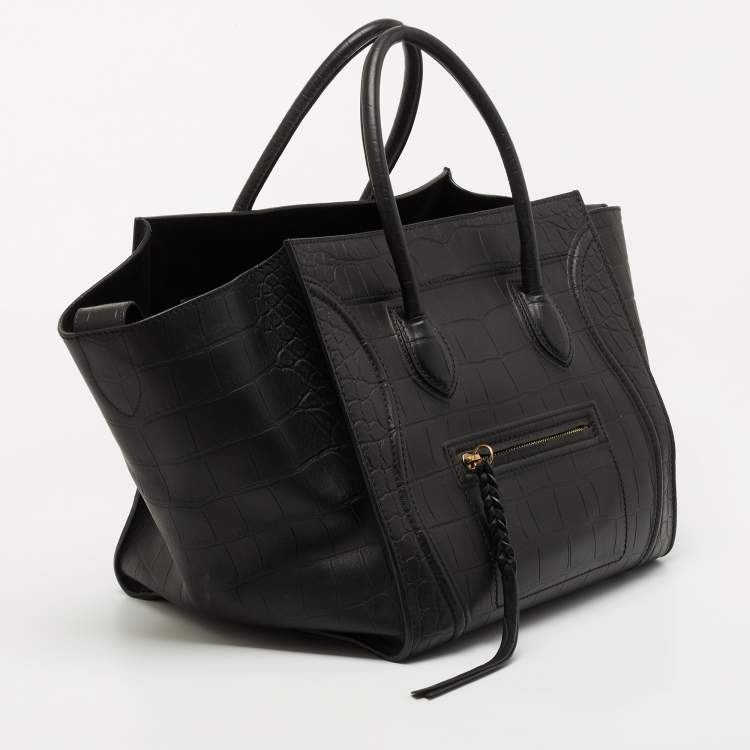 Pre Owned Celine Black Croc Embossed Leather Medium Phantom Luggage Tote