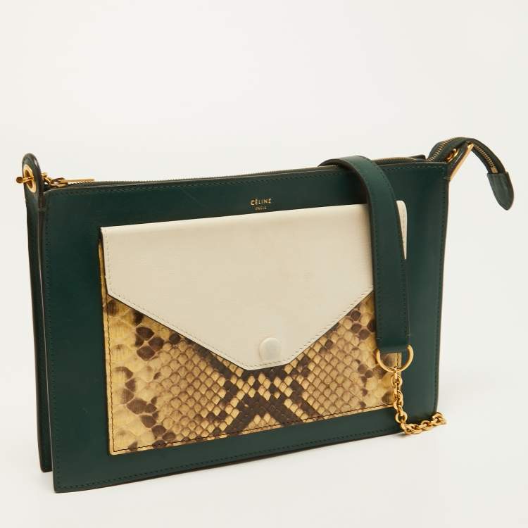 Pre Owned Celine Tri Color Leather and Python Medium Pocket Chain Clutch