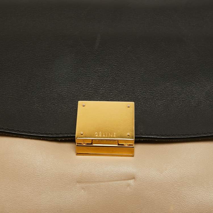 Pre Owned Celine Beige/Black Leather and Suede Medium Trapeze Top Handle Bag