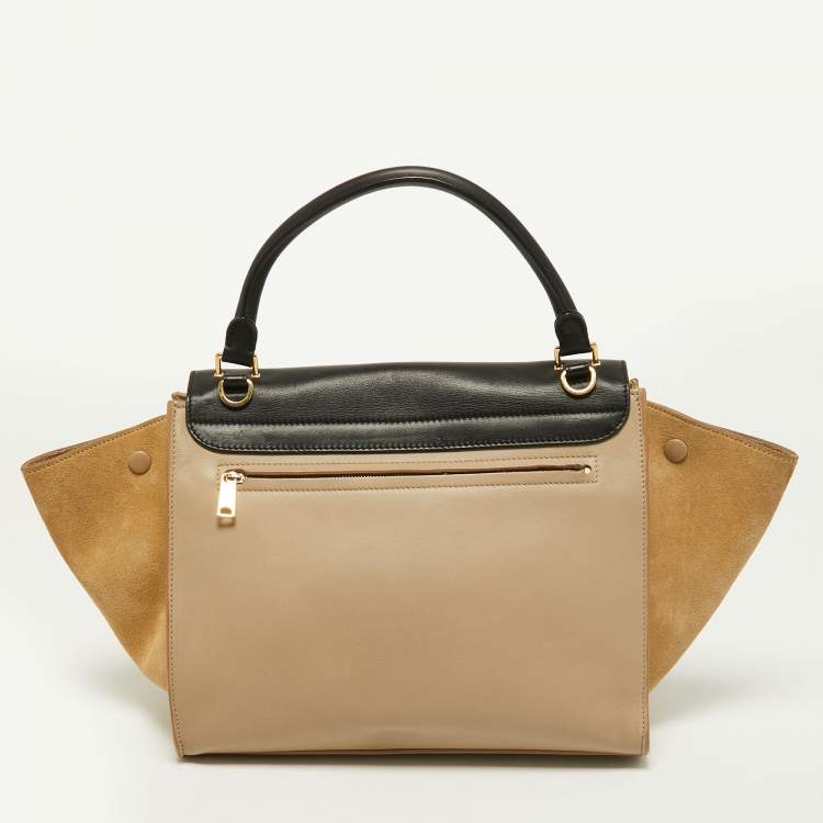 Pre Owned Celine Beige/Black Leather and Suede Medium Trapeze Top Handle Bag