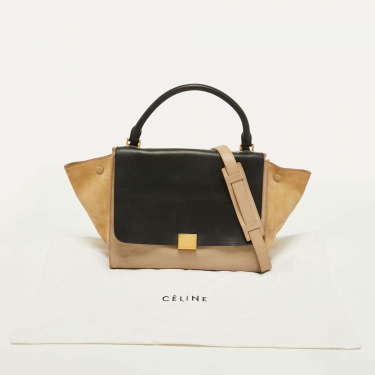 Pre Owned Celine Beige/Black Leather and Suede Medium Trapeze Top Handle Bag