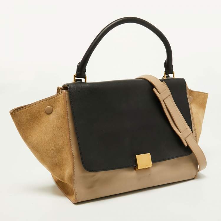 Pre Owned Celine Beige/Black Leather and Suede Medium Trapeze Top Handle Bag