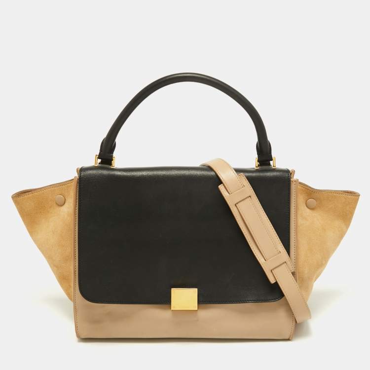 Pre Owned Celine Beige/Black Leather and Suede Medium Trapeze Top Handle Bag