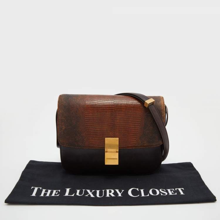 Pre Owned Celine Dark Brown Lizard and Leather Medium Classic Box Bag