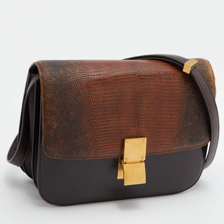 Pre Owned Celine Dark Brown Lizard and Leather Medium Classic Box Bag