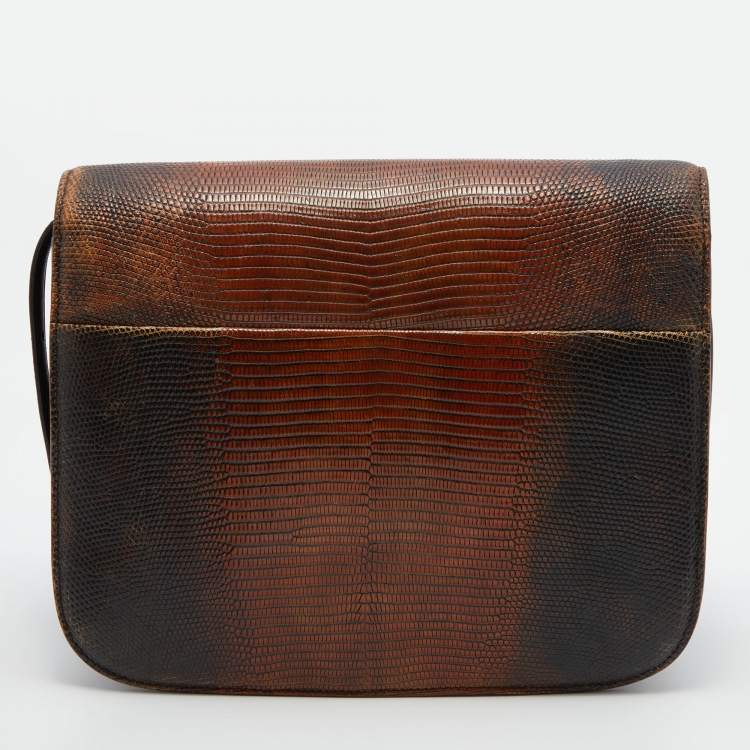 Pre Owned Celine Dark Brown Lizard and Leather Medium Classic Box Bag