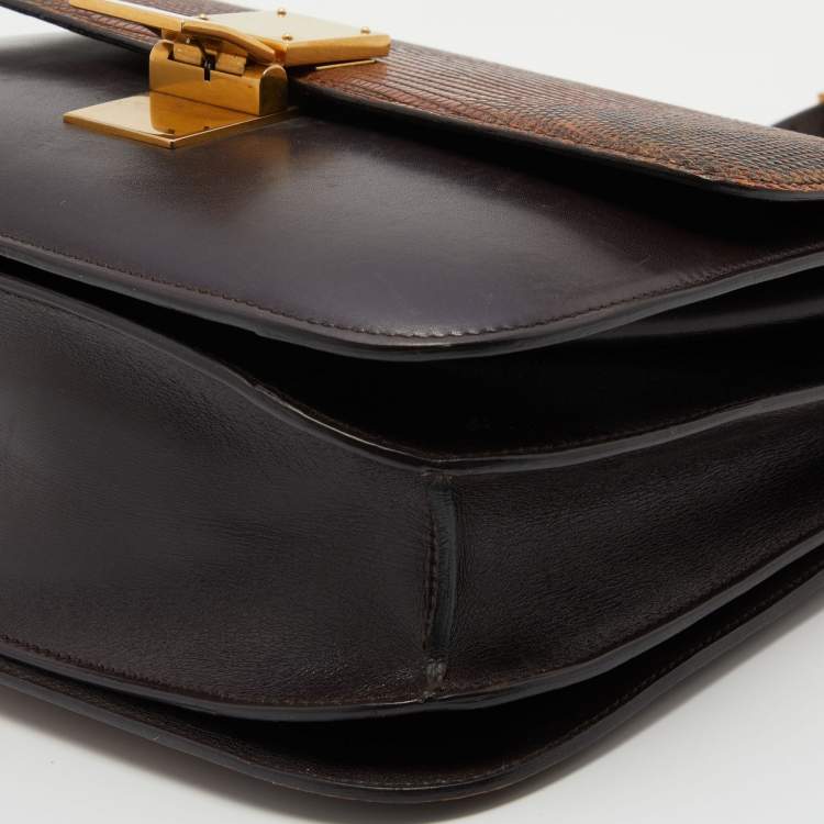 Pre Owned Celine Dark Brown Lizard and Leather Medium Classic Box Bag