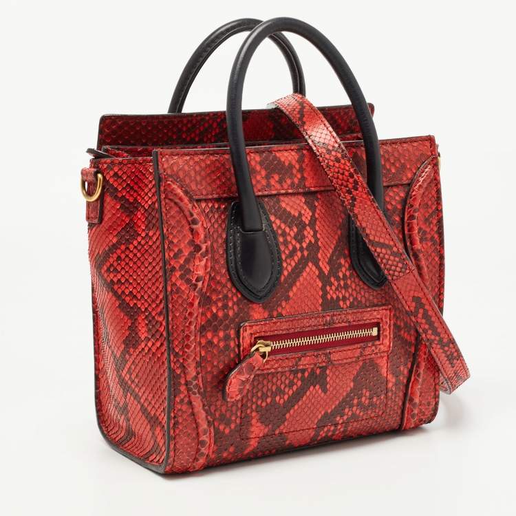Pre Owned Celine Red/Black Python and Leather Nano  Luggage Tote