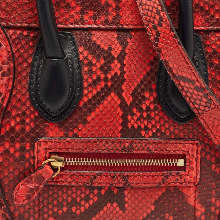 Pre Owned Celine Red/Black Python and Leather Nano  Luggage Tote
