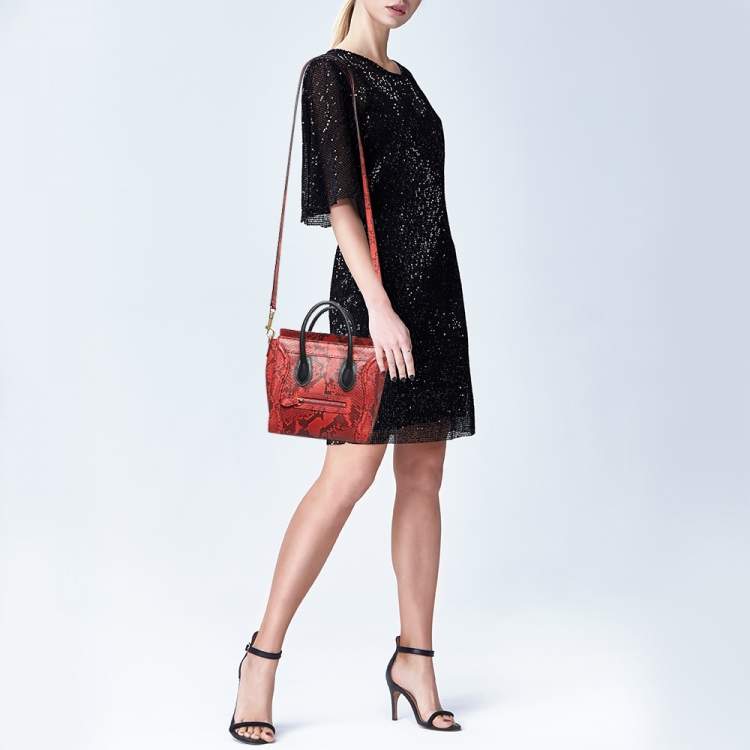 Pre Owned Celine Red/Black Python and Leather Nano  Luggage Tote