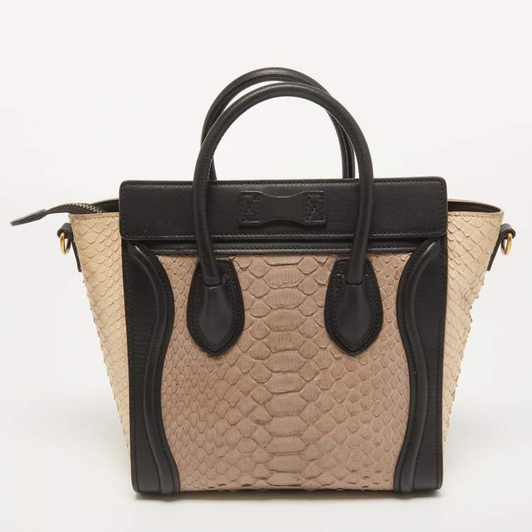 Pre Owned Celine Black/Beige Python and Leather Nano Luggage Tote