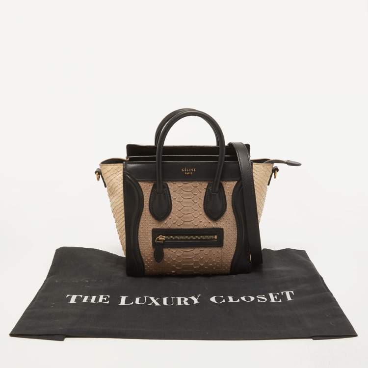 Pre Owned Celine Black/Beige Python and Leather Nano Luggage Tote
