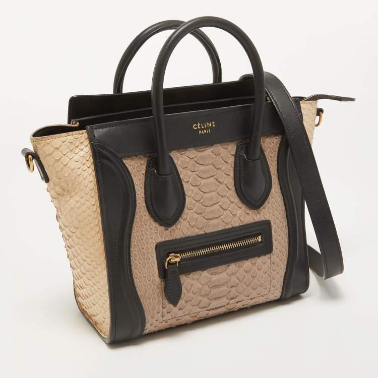 Pre Owned Celine Black/Beige Python and Leather Nano Luggage Tote