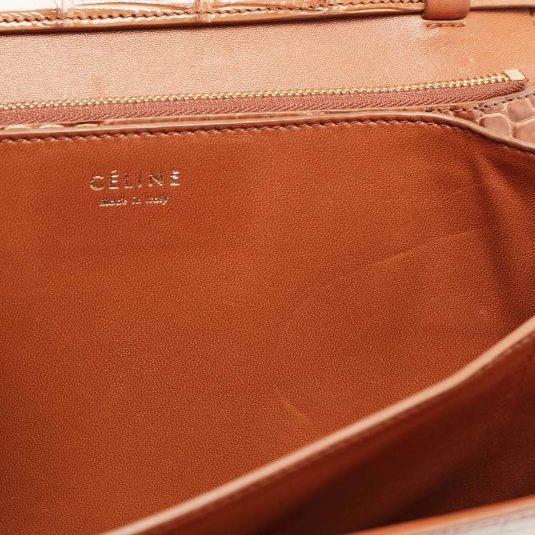 Pre Owned Celine Brown Glossy Crocodile Medium Classic Box Shoulder Bag