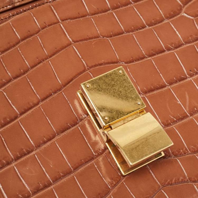 Pre Owned Celine Brown Glossy Crocodile Medium Classic Box Shoulder Bag