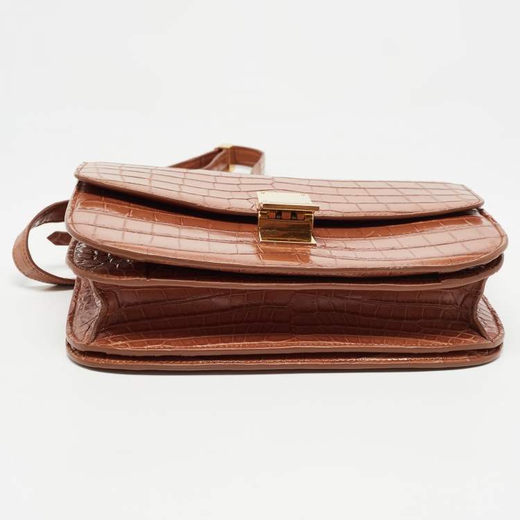 Pre Owned Celine Brown Glossy Crocodile Medium Classic Box Shoulder Bag