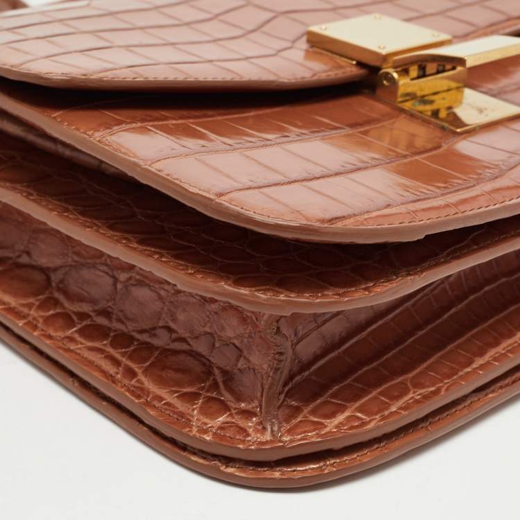 Pre Owned Celine Brown Glossy Crocodile Medium Classic Box Shoulder Bag