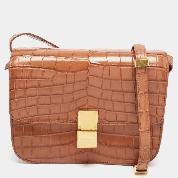 Pre Owned Celine Brown Glossy Crocodile Medium Classic Box Shoulder Bag