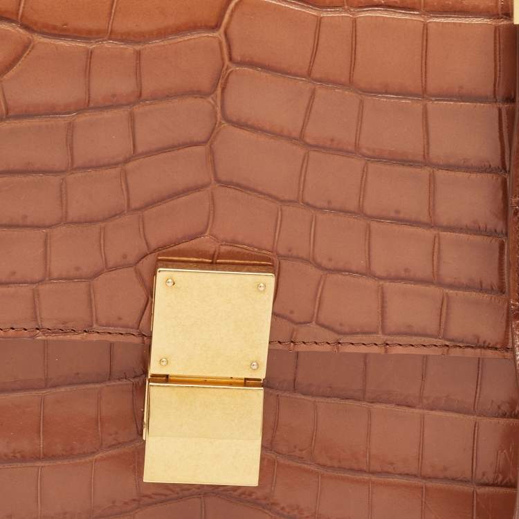 Pre Owned Celine Brown Glossy Crocodile Medium Classic Box Shoulder Bag