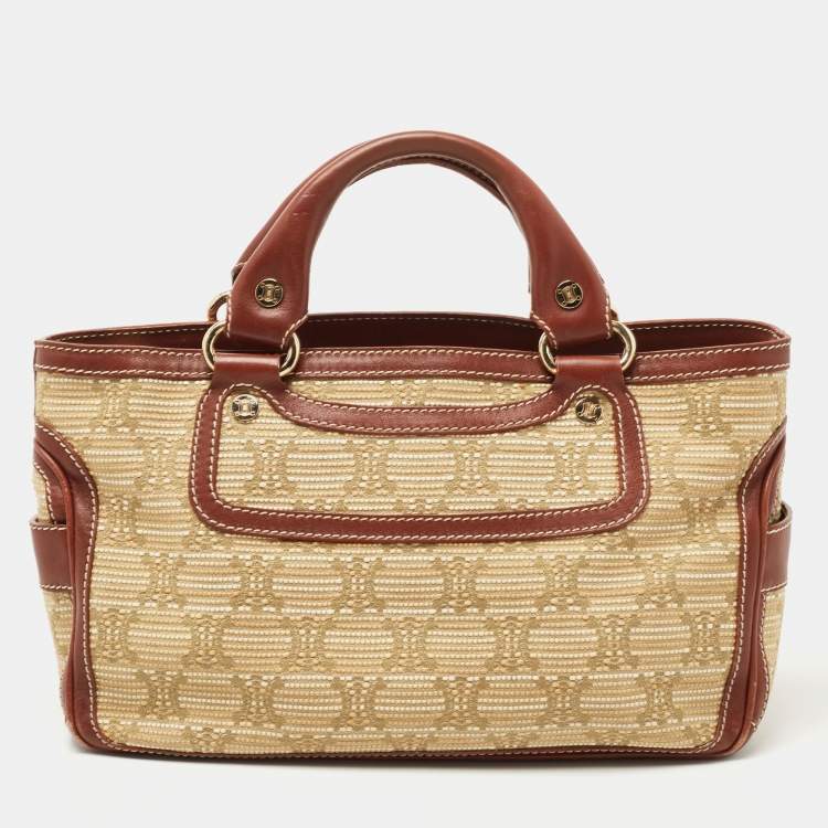 Pre Owned Celine Brown/Beige Macadam Raffia and Leather Boogie Tote
