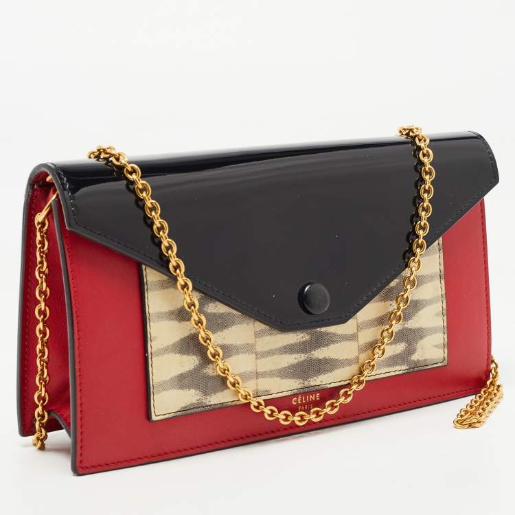 Pre Owned Celine Tricolor Lizard, Patent and Leather Pocket Envelope Wallet On Chain 
