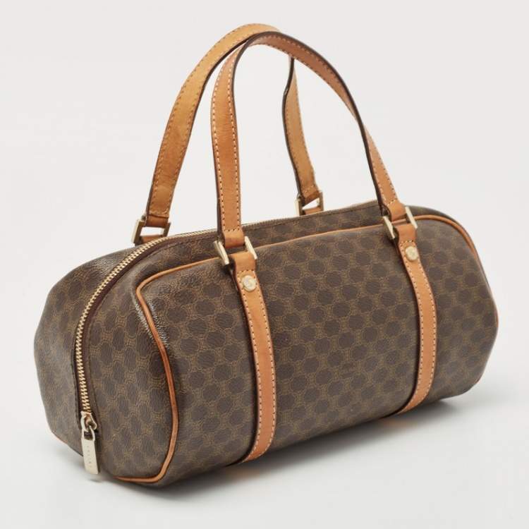Pre Owned Celine Brown Macadam Coated Canvas and Leather Boston Bag