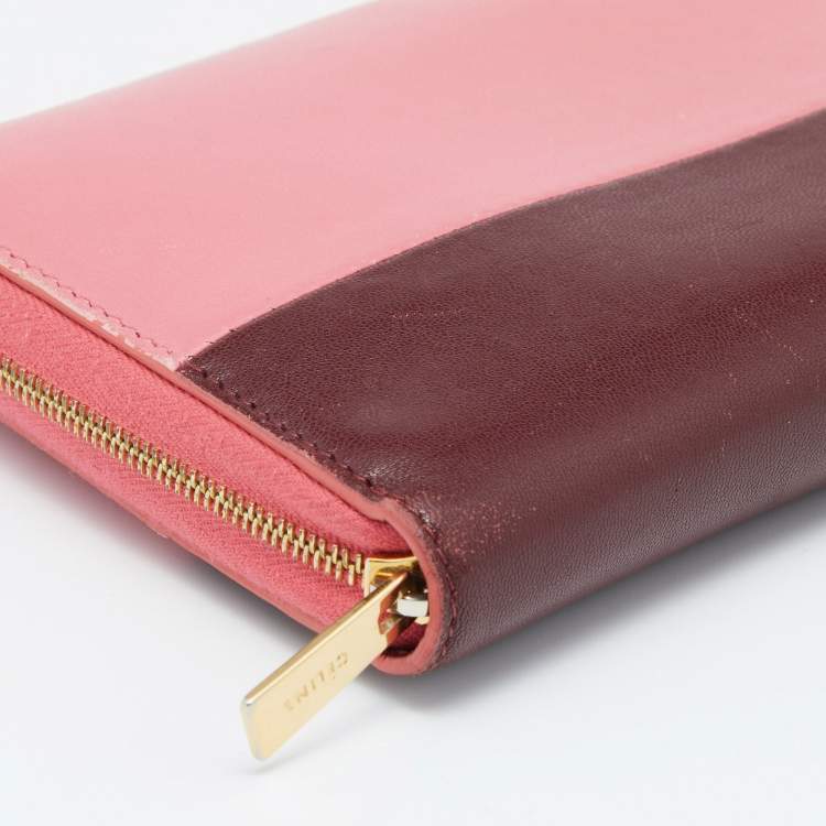 Pre Owned Celine Pink/Red Leather Zip Around Wallet