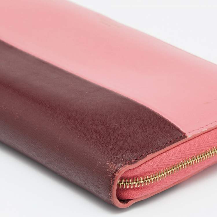 Pre Owned Celine Pink/Red Leather Zip Around Wallet