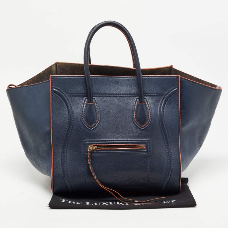 Pre Owned Celine Navy Blue/Orange Leather Medium Phantom Luggage Tote