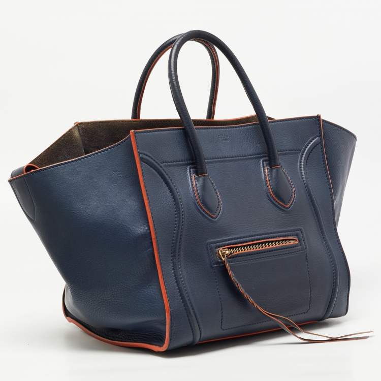Pre Owned Celine Navy Blue/Orange Leather Medium Phantom Luggage Tote