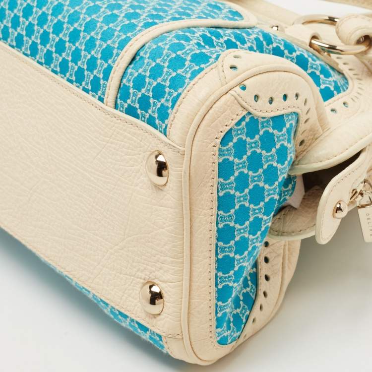 Pre Owned Celine Cream/Blue Macadam Canvas and Leather Dome Satchel