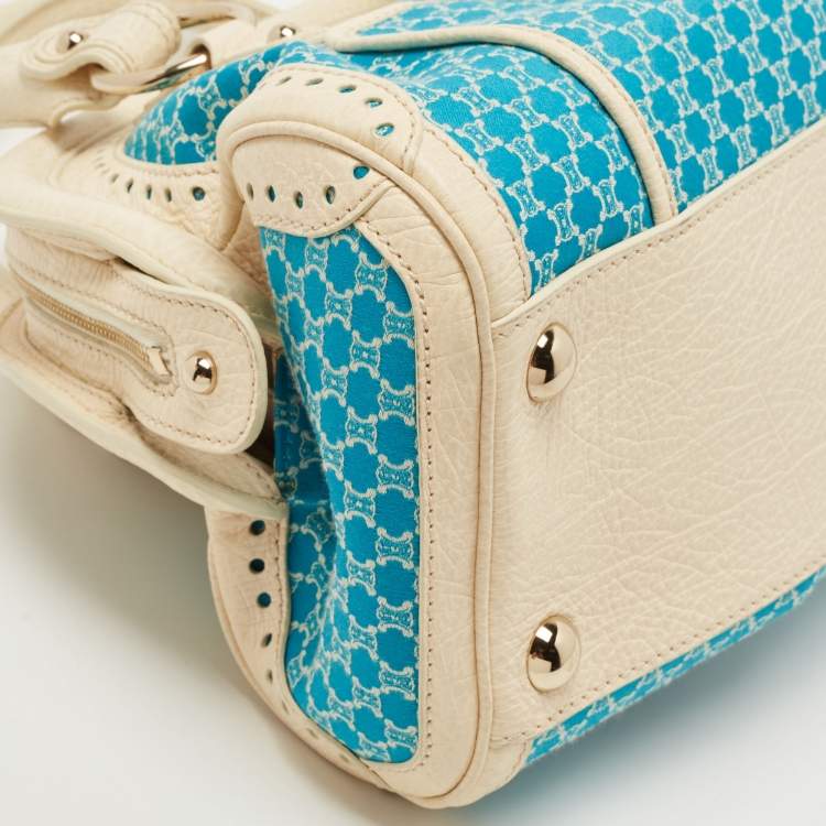 Pre Owned Celine Cream/Blue Macadam Canvas and Leather Dome Satchel