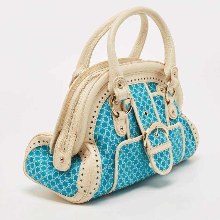Pre Owned Celine Cream/Blue Macadam Canvas and Leather Dome Satchel