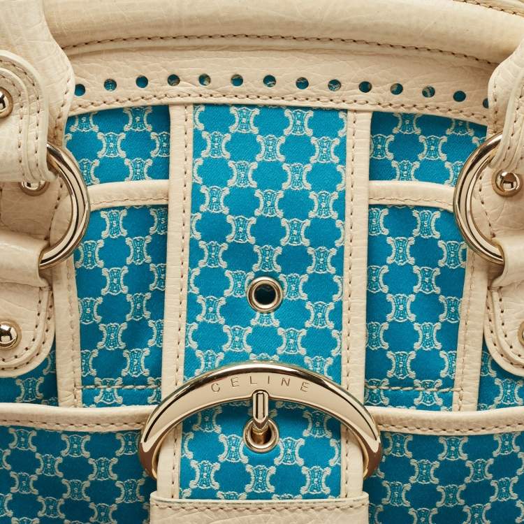 Pre Owned Celine Cream/Blue Macadam Canvas and Leather Dome Satchel