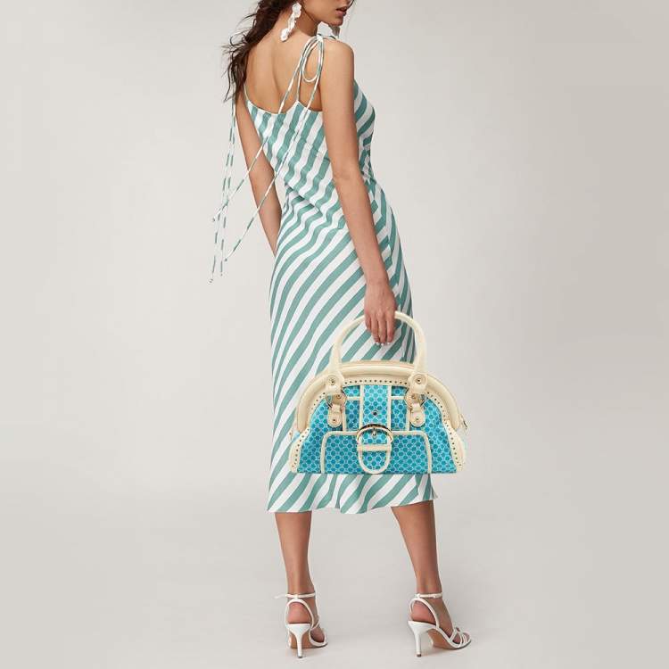 Pre Owned Celine Cream/Blue Macadam Canvas and Leather Dome Satchel