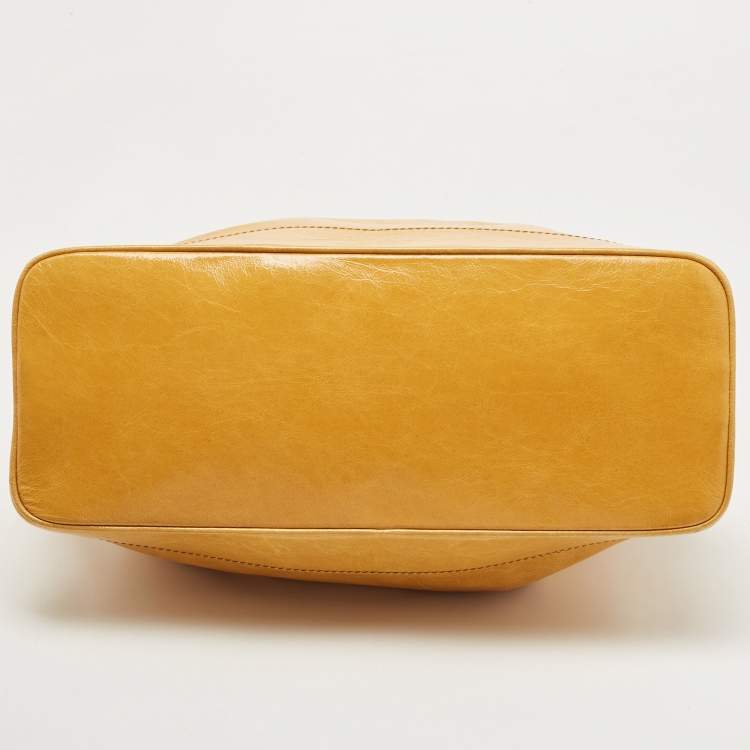 Pre Owned Celine Mustard Crinkled Glossy Leather Logo Satchel