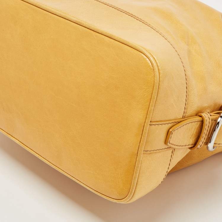 Pre Owned Celine Mustard Crinkled Glossy Leather Logo Satchel