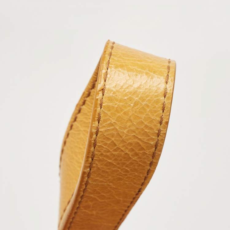 Pre Owned Celine Mustard Crinkled Glossy Leather Logo Satchel