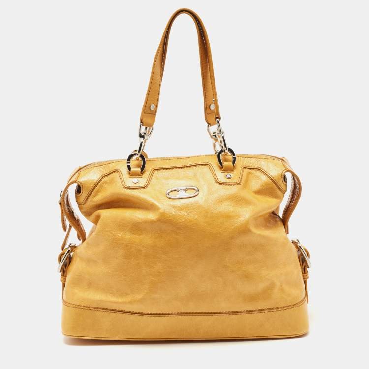 Celine Mustard Crinkled Glossy Leather Logo Satchel Celine 