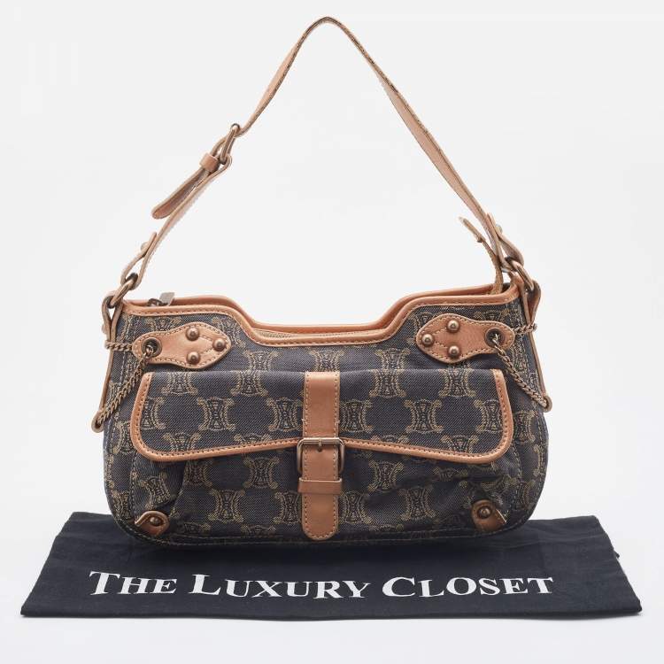 Pre Owned Celine Rose Gold/Blue Macadam Denim and Leather Buckle Flap Hobo