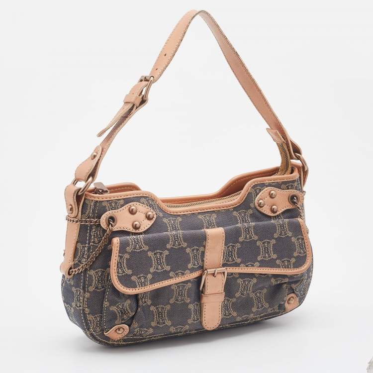 Pre Owned Celine Rose Gold/Blue Macadam Denim and Leather Buckle Flap Hobo