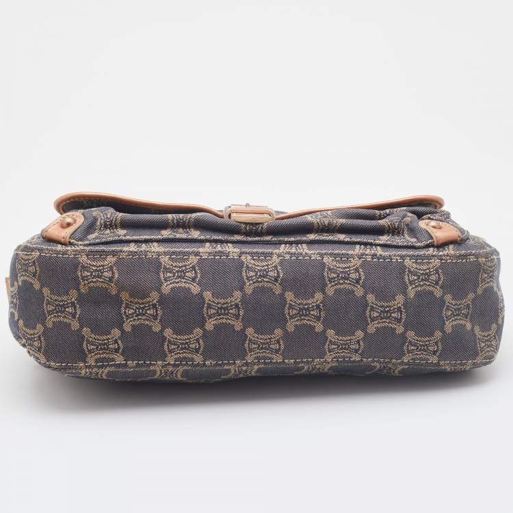 Pre Owned Celine Rose Gold/Blue Macadam Denim and Leather Buckle Flap Hobo