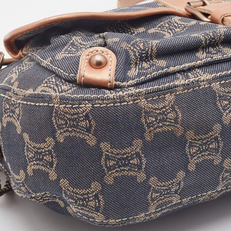 Pre Owned Celine Rose Gold/Blue Macadam Denim and Leather Buckle Flap Hobo