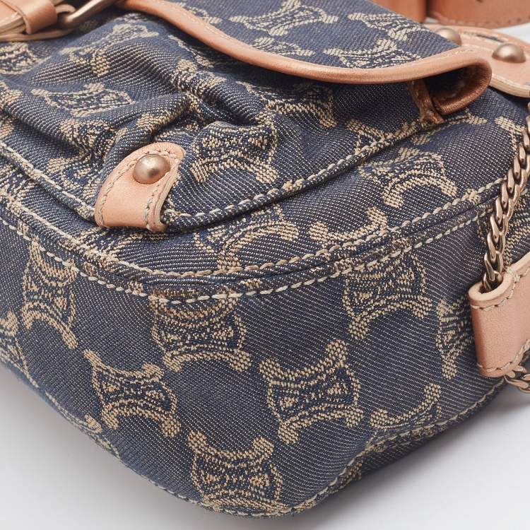 Pre Owned Celine Rose Gold/Blue Macadam Denim and Leather Buckle Flap Hobo