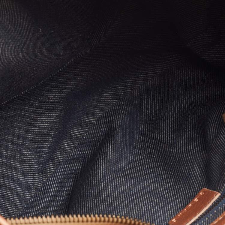 Pre Owned Celine Rose Gold/Blue Macadam Denim and Leather Buckle Flap Hobo