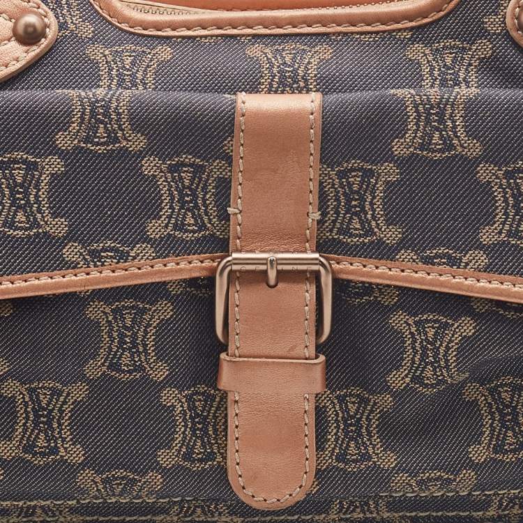 Pre Owned Celine Rose Gold/Blue Macadam Denim and Leather Buckle Flap Hobo