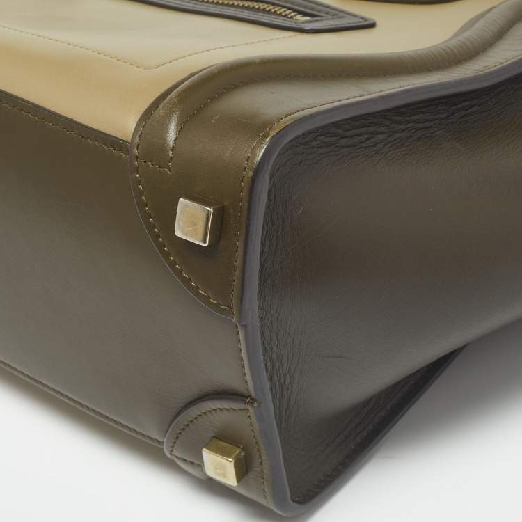 Pre Owned Celine Beige/Olive Green Leather Micro Luggage Tote