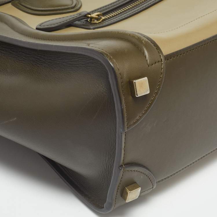 Pre Owned Celine Beige/Olive Green Leather Micro Luggage Tote