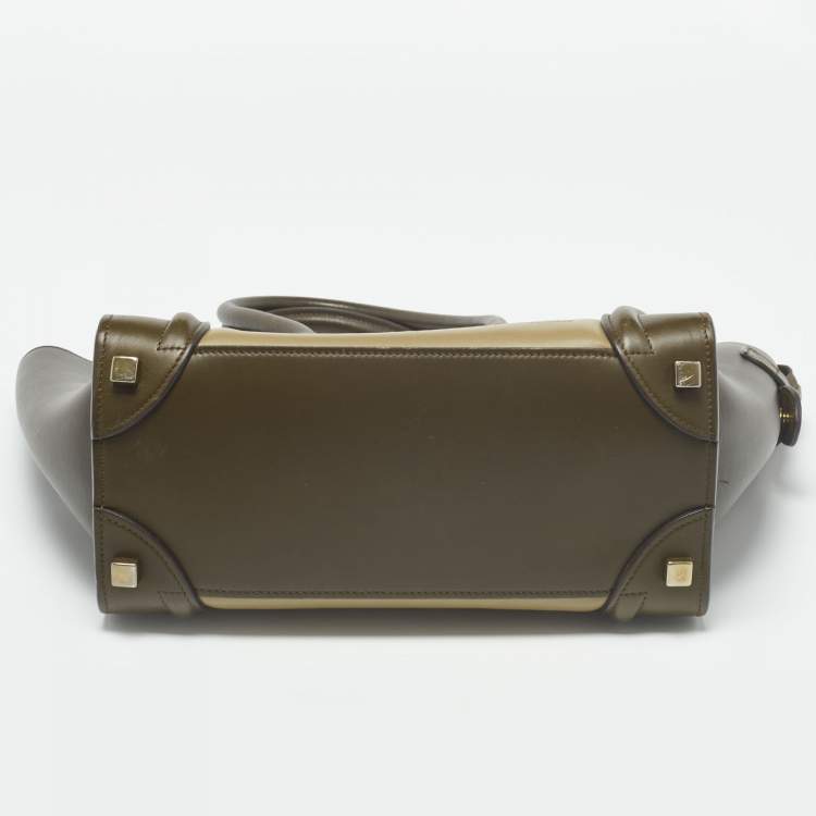 Pre Owned Celine Beige/Olive Green Leather Micro Luggage Tote