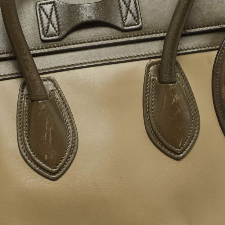 Pre Owned Celine Beige/Olive Green Leather Micro Luggage Tote